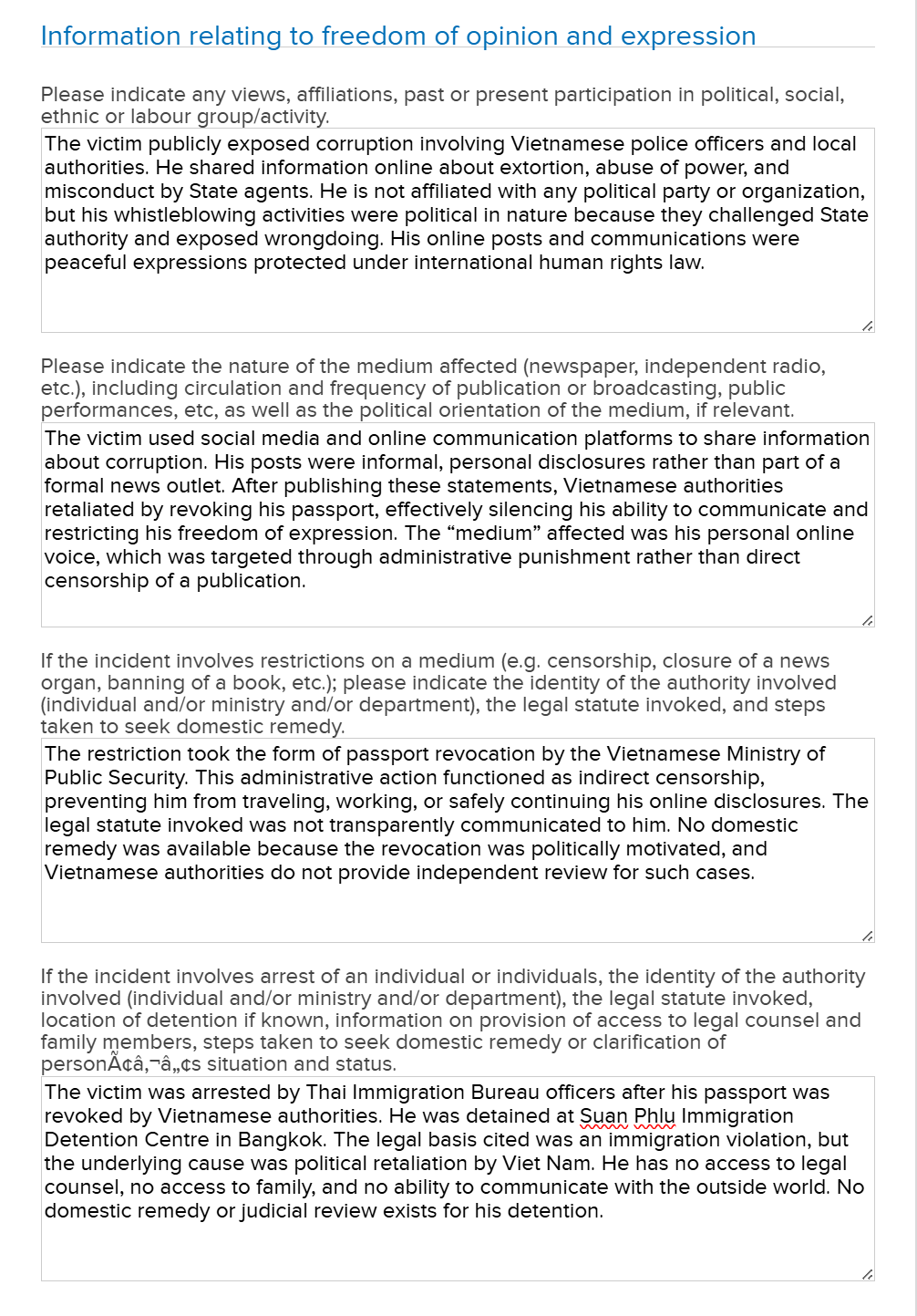 Submission of information to the Special Procedures 16